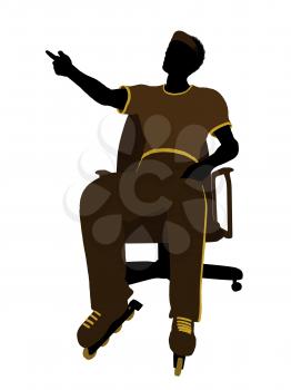 Royalty Free Clipart Image of a Man Wearing Roller Skates Sitting in a Chair