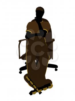 Royalty Free Clipart Image of a Man Wearing Roller Skates Sitting in a Chair