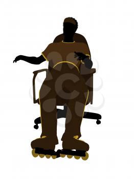 Royalty Free Clipart Image of a Man Wearing Roller Skates Sitting in a Chair