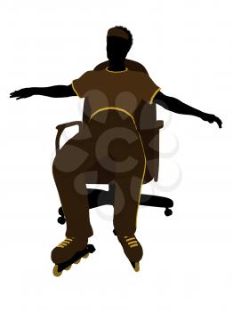 Royalty Free Clipart Image of a Man Wearing Roller Skates Sitting in a Chair