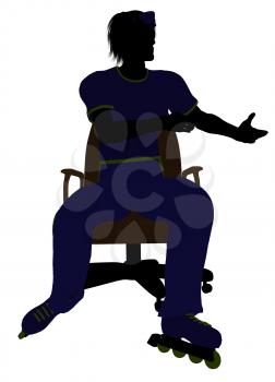 Royalty Free Clipart Image of a Man Wearing Roller Skates Sitting in an Office Chair