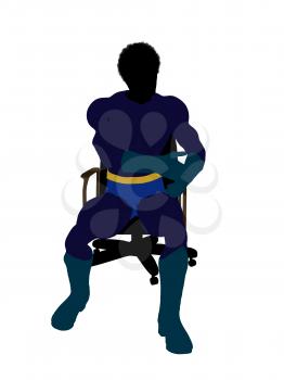 Royalty Free Clipart Image of a Superhero in a Chair