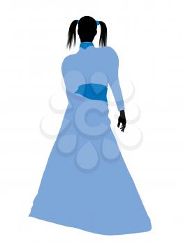 Royalty Free Clipart Image of a Woman With Pigtails Wearing a Blue Gown