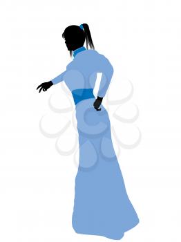 Royalty Free Clipart Image of a Woman With Pigtails Wearing a Blue Gown