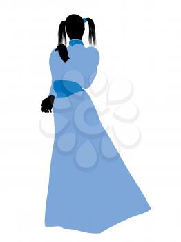 Royalty Free Clipart Image of a Woman With Pigtails Wearing a Blue Gown