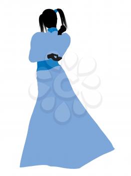 Royalty Free Clipart Image of a Woman With Pigtails Wearing a Blue Gown