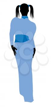 Royalty Free Clipart Image of a Woman With Pigtails Wearing a Blue Gown