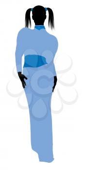 Royalty Free Clipart Image of a Woman With Pigtails Wearing a Blue Gown