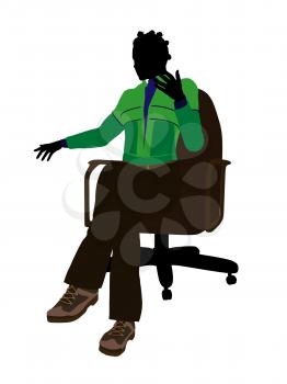 African american outdoor female sitting on an office chair silhouette on a white background