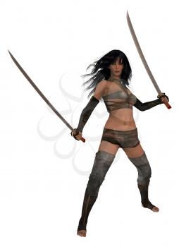 Woman standing holding two swords