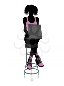 Royalty Free Clipart Image of a Girl on a Stool With a Computer