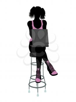 Royalty Free Clipart Image of a Girl on a Stool With a Computer