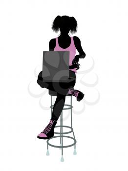 Royalty Free Clipart Image of a Girl on a Stool With a Computer