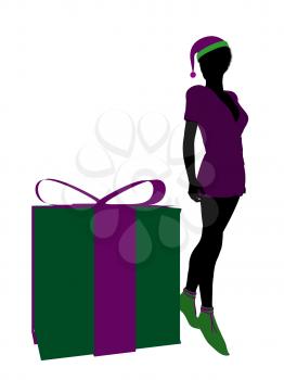 Royalty Free Clipart Image of an Elf on a Christmas Box