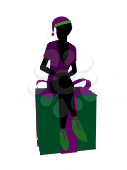 Royalty Free Clipart Image of an Elf on a Christmas Box