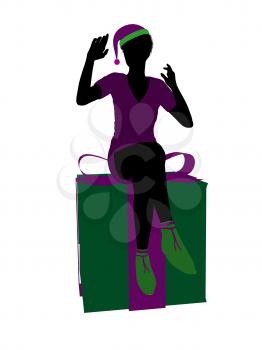 Royalty Free Clipart Image of an Elf on a Christmas Box