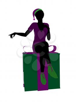 Royalty Free Clipart Image of an Elf on a Christmas Box