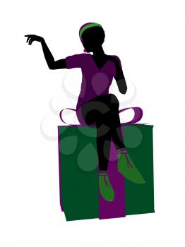 Royalty Free Clipart Image of an Elf on a Christmas Box