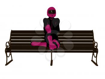 Royalty Free Clipart Image of a Motorcyclist on a Bench