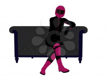 Royalty Free Clipart Image of a Female Motorcyclist on a Couch