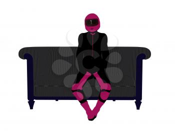 Royalty Free Clipart Image of a Female Motorcyclist on a Couch