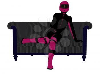 Royalty Free Clipart Image of a Female Motorcyclist on a Couch