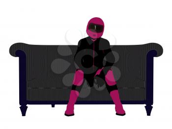 Royalty Free Clipart Image of a Female Motorcyclist on a Couch