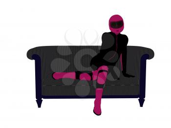 Royalty Free Clipart Image of a Female Motorcyclist on a Couch