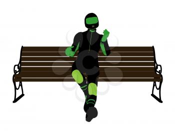 Royalty Free Clipart Image of a Motorcyclist on a Park Bench