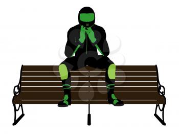 Royalty Free Clipart Image of a Motorcyclist on a Park Bench