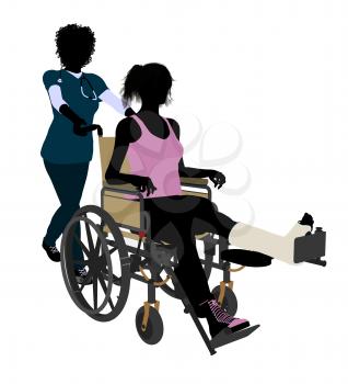 Royalty Free Clipart Image of a Nurse and Patient With a Broken Leg in a Wheelchair