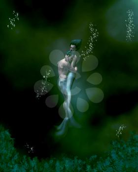 Royalty Free Clipart Image of a Mermaid and Merman Embracing