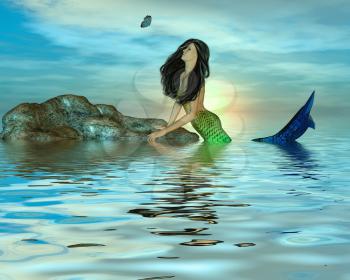 Royalty Free Clipart Image of a Mermaid Looking at a Butterfly