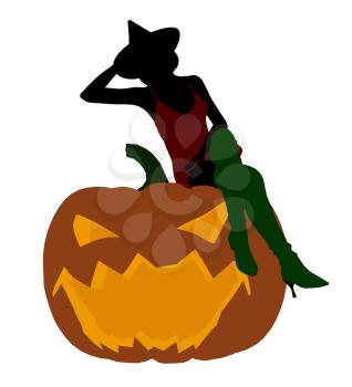 Royalty Free Clipart Image of a Witch on a Pumpkin