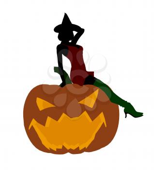 Royalty Free Clipart Image of a Witch on a Pumpkin