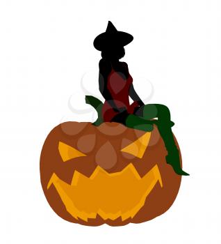 Royalty Free Clipart Image of a Witch on a Pumpkin