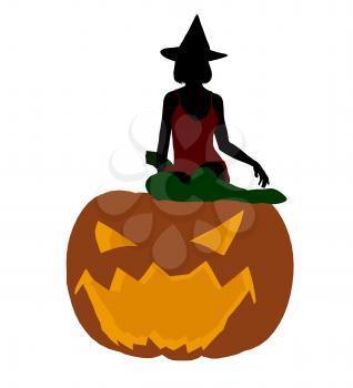 Royalty Free Clipart Image of a Witch on a Pumpkin