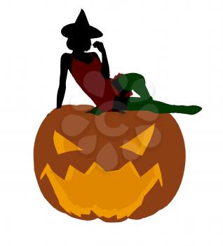 Royalty Free Clipart Image of a Witch on a Pumpkin