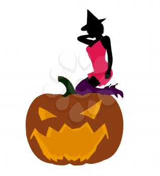 Royalty Free Clipart Image of a Woman in a Witch's Hat Sitting on a Pumpkin