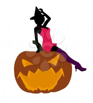 Royalty Free Clipart Image of a Woman in a Witch's Hat Sitting on a Pumpkin