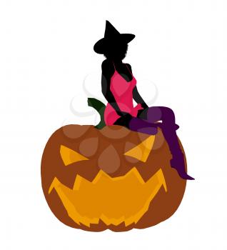 Royalty Free Clipart Image of a Woman in a Witch's Hat Sitting on a Pumpkin