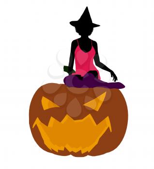 Royalty Free Clipart Image of a Woman in a Witch's Hat Sitting on a Pumpkin