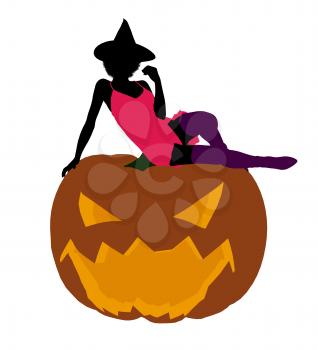 Royalty Free Clipart Image of a Woman in a Witch's Hat Sitting on a Pumpkin