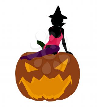 Royalty Free Clipart Image of a Woman in a Witch's Hat Sitting on a Pumpkin