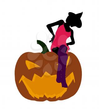 Royalty Free Clipart Image of a Woman in a Witch's Hat Sitting on a Pumpkin