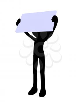 Royalty Free Clipart Image of a Square-Headed Character With a Sign
