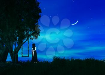 Female standing by a tree wishing upon a star