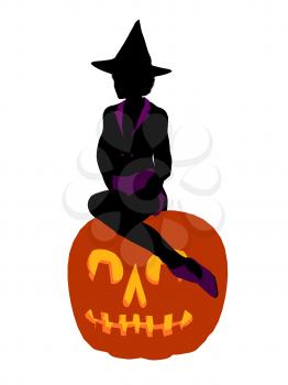 Royalty Free Clipart Image of a Witch and a Pumpkin