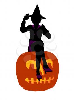 Royalty Free Clipart Image of a Witch and a Pumpkin