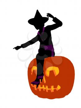 Royalty Free Clipart Image of a Witch and a Pumpkin